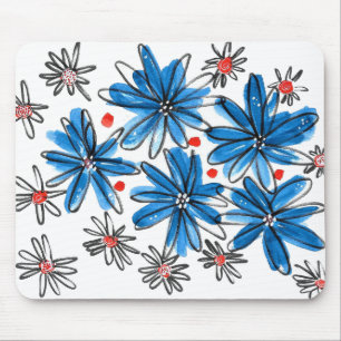 Whimsical Blue and White Flowers Mouse Mat