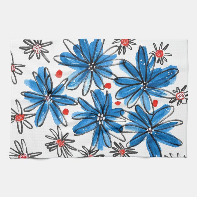 Whimsical Blue and White Flowers Tea Towel (Horizontal)