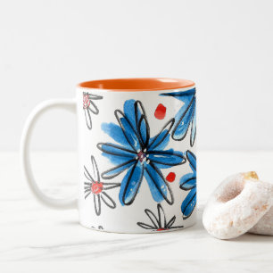 Whimsical Blue and White Flowers Two-Tone Coffee Mug