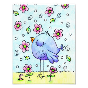 Whimsical Blue Bird And Flowers Photo Print