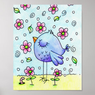 Whimsical Blue Bird And Flowers Poster