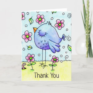 Whimsical Blue Bird And Flowers Thank You Card