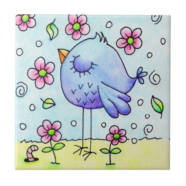 Whimsical Blue Bird And Flowers Tile (Front)