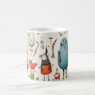 Whimsical Blue Bird & Fantasy Friends Illustrated  Coffee Mug