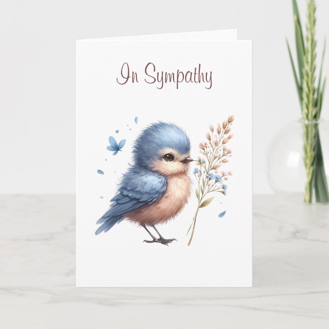 Whimsical Blue Bird Flowers and Butterfly Sympathy Card (Front)