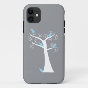 Whimsical Blue Birds Grey Swirl Tree iPhone 11 Case