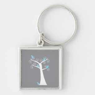 Whimsical Blue Birds Grey Swirl Tree Key Ring