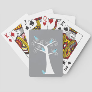 Whimsical Blue Birds Grey Swirl Tree Playing Cards