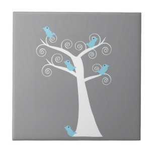 Whimsical Blue Birds Grey Swirl Tree Tile
