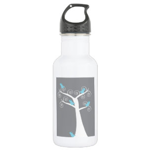 Whimsical Blue Birds on White Tree Grey Background 532 Ml Water Bottle