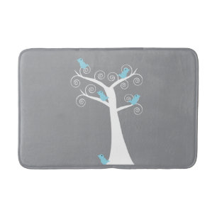 Whimsical Blue Birds on White Tree Grey Background Bath Mat