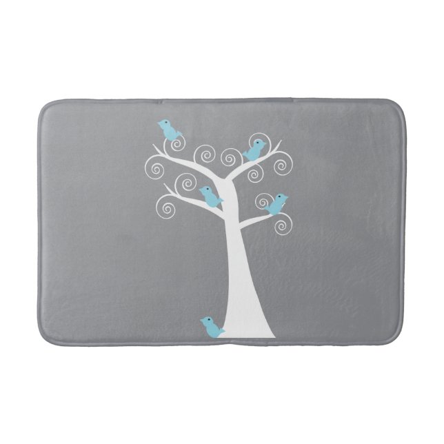 Whimsical Blue Birds on White Tree Grey Background Bath Mat (Front)