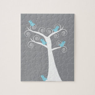 Whimsical Blue Birds on White Tree Grey Background Jigsaw Puzzle