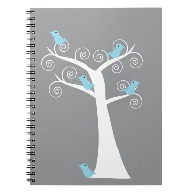 Whimsical Blue Birds on White Tree Grey Background Notebook (Front)