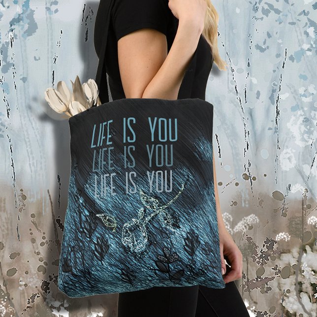 Whimsical Blue Black Rose Text Tote Bag (Whimsical Blue Black Rose Text Tote Bag)