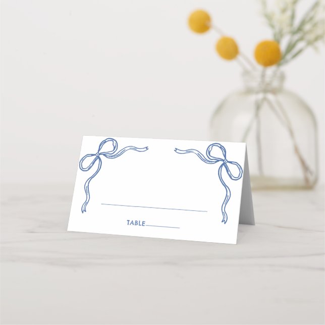Whimsical Blue Bow Bridal Shower Folded Place Card (Front)