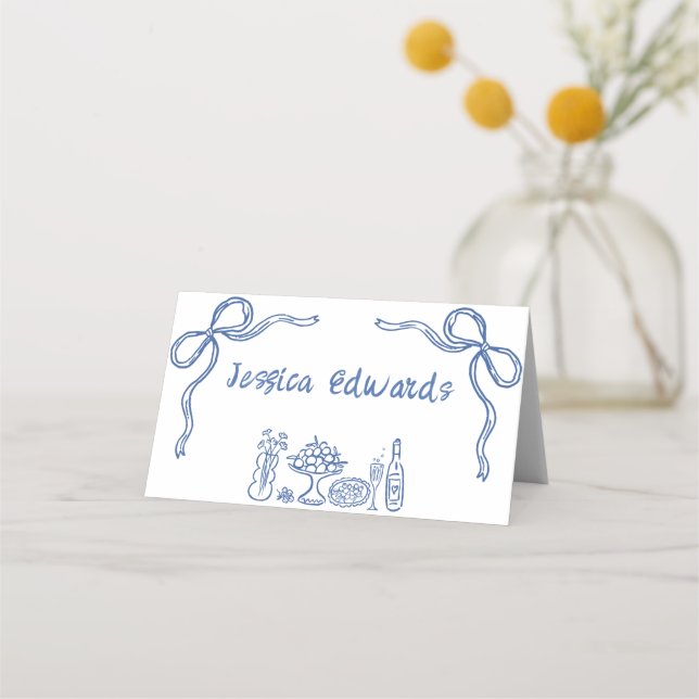 Whimsical Blue Bow Bridal Shower Folded Place Card (Front)