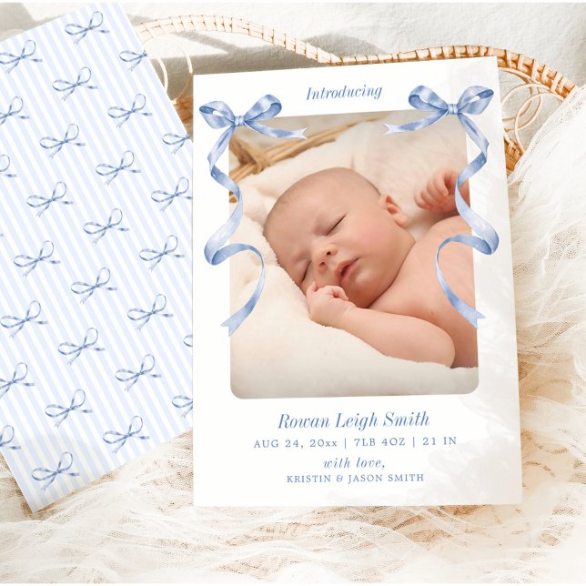 Whimsical Blue Bows Baby Birth Announcement (Creator Uploaded)
