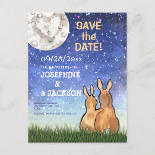 Whimsical Blue Bunny Rabbit Moon Stars Wedding Announcement Postcard