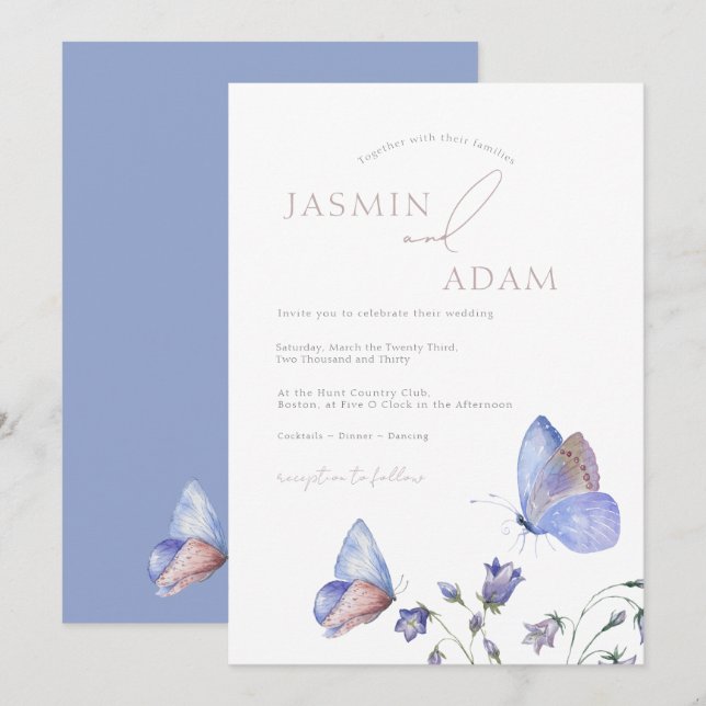 Whimsical Blue Butterflies Monogram Wedding Invitation (Front/Back)