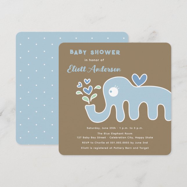 Whimsical Blue Cartoon Elephant Boy Baby Shower Invitation (Front/Back)