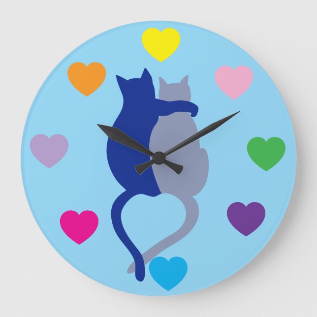 Whimsical Blue Cat Clock with Rainbow Hearts (Front)