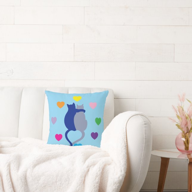 Whimsical Blue Cat Pillow With Rainbow Hearts (Couch)