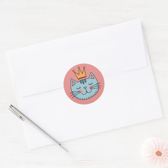 Whimsical Blue Cat With A Yellow Crown  Classic Round Sticker (Envelope)