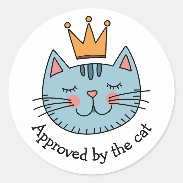 Whimsical Blue Cat With A Yellow Crown Custom Classic Round Sticker (Front)