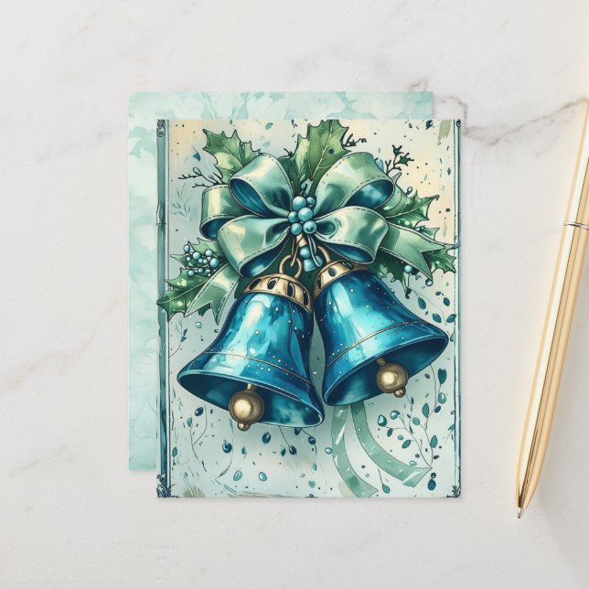 Whimsical Blue Christmas Bells Scrapbook Paper (Front/Back In Situ)
