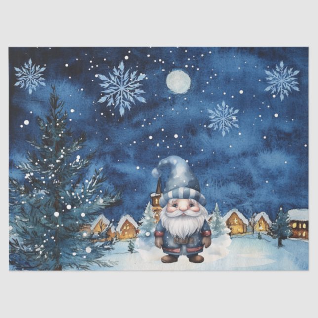 Whimsical Blue Christmas Gnome & Snowflakes Tissue Paper (Front)
