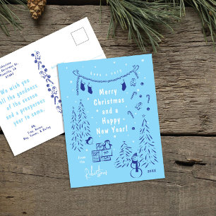 Whimsical Blue Christmas Scene Postcard