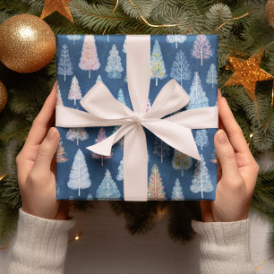 Whimsical Blue Christmas Trees Wrapping Paper