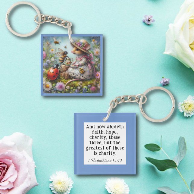 Whimsical Blue Corinthians 13 Verse Cute Mouse Key Ring (Creator Uploaded)