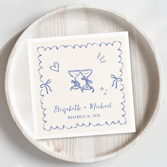Whimsical Blue Cream Wavy Frame Wedding Napkin (Creator Uploaded)