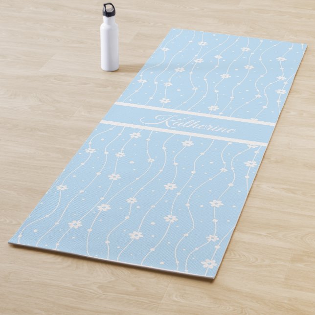 Whimsical Blue Daisy Floral Script Name  Yoga Mat (In Situ)