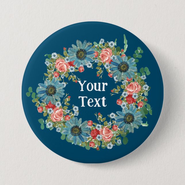 Whimsical Blue Daisy Flower Wreath Lapel Charm 7.5 Cm Round Badge (Front)