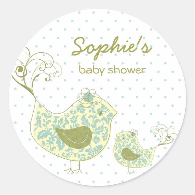 Whimsical Blue Damask Mummy Bird & Boy Baby Shower Classic Round Sticker (Front)