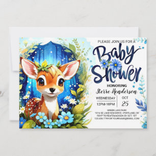  Whimsical Blue Deer Theme Baby Shower Invitation