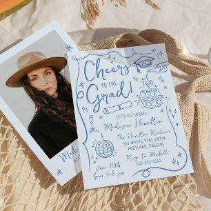 Whimsical Blue Doodles Photo Graduation Party Invitation