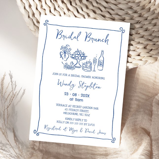 Whimsical Blue Drawn Bridal Brunch Bridal Shower Invitation (Whimsical Blue Bridal Brunch Bridal Shower Invitation, Doodle, Hand Drawn, Bridal Brunch Shower)