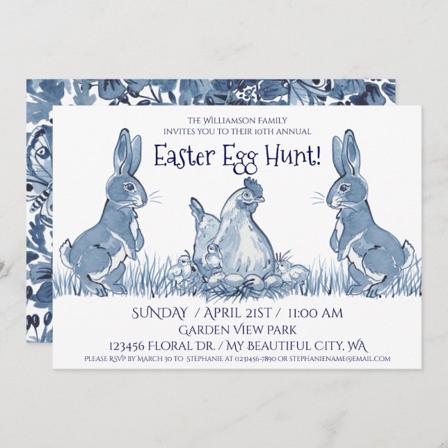 Whimsical Blue Easter Bunny Hen Chicks Egg Hunt Invitation (Front/Back)