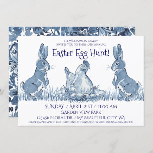 Whimsical Blue Easter Bunny Hen Chicks Egg Hunt Invitation