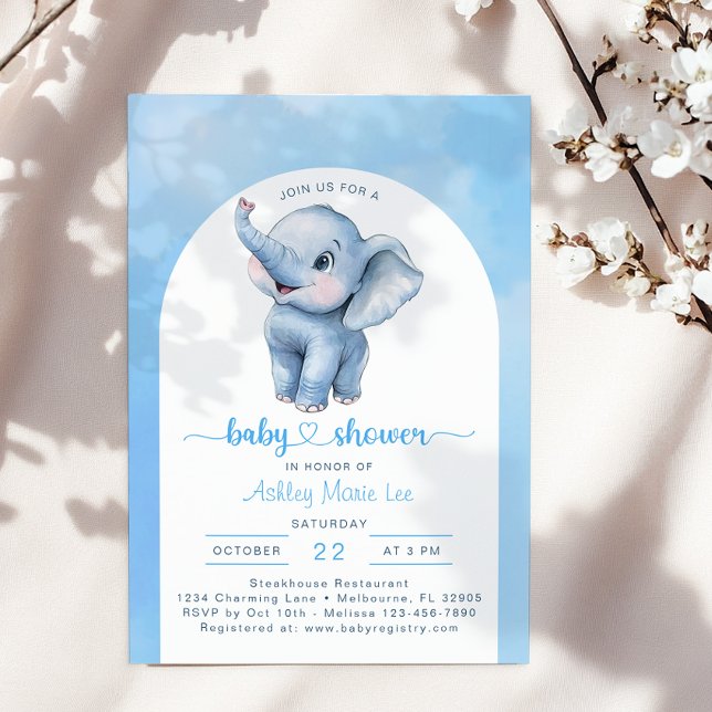 Whimsical Blue Elephant Baby Shower Invitation – W (Blue Watercolor Baby Shower Invite)