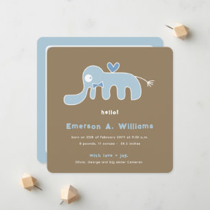 Whimsical Blue Elephant Love Baby Boy Photo Birth Announcement