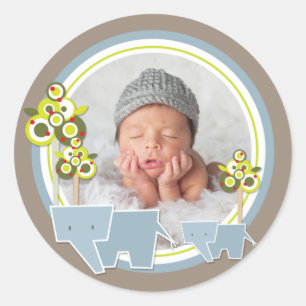 Whimsical Blue Elephants Family Baby Boy Photo Classic Round Sticker
