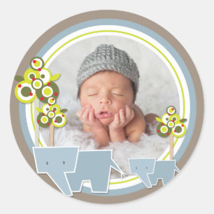 Whimsical Blue Elephants Family Baby Boy Photo Classic Round Sticker