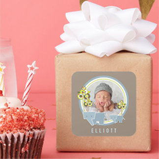 Whimsical Blue Elephants Family Baby Boy Photo Square Sticker