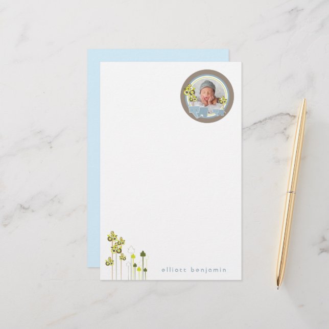 Whimsical Blue Elephants Family Baby Boy Photo Stationery (Front/Back In Situ)