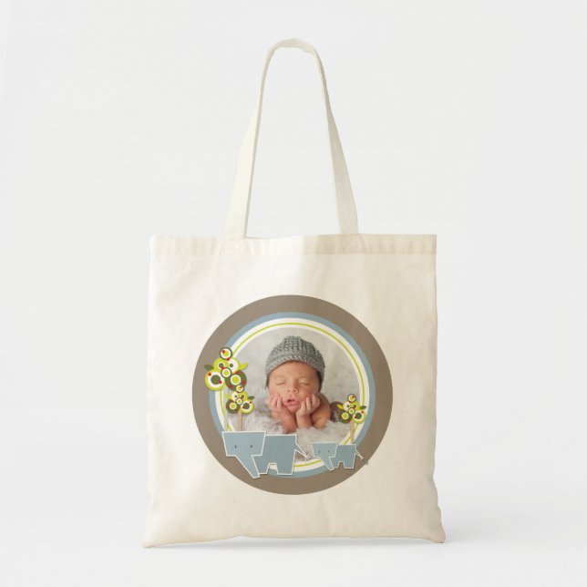 Whimsical Blue Elephants Family Baby Boy Photo Tote Bag (Front)
